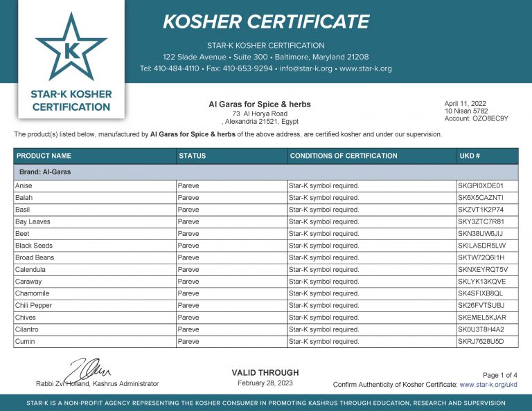 AL Garas for spices and herbs kosher certificate 2022